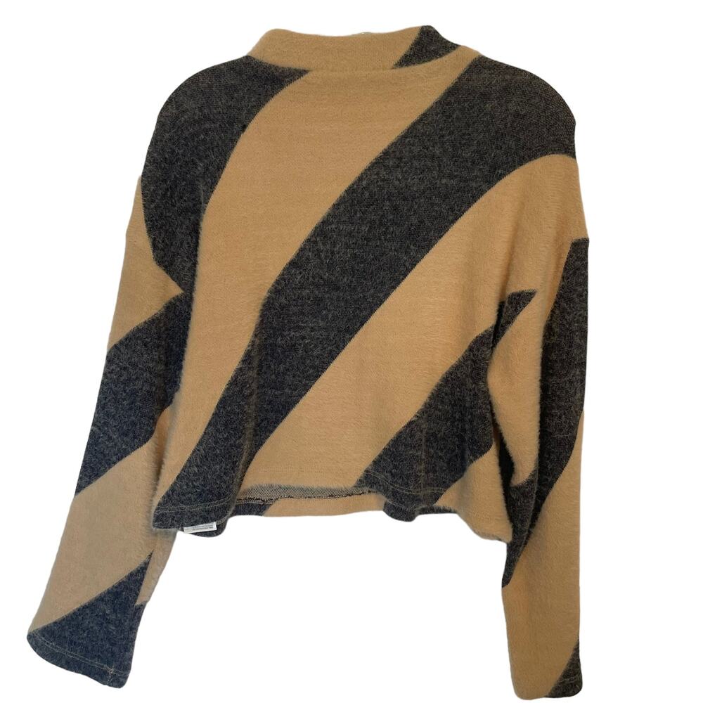 Anthropologie Diagonal Stripe Fuzzy Sweater in Beige and Charcoal - Picture 3 of 10